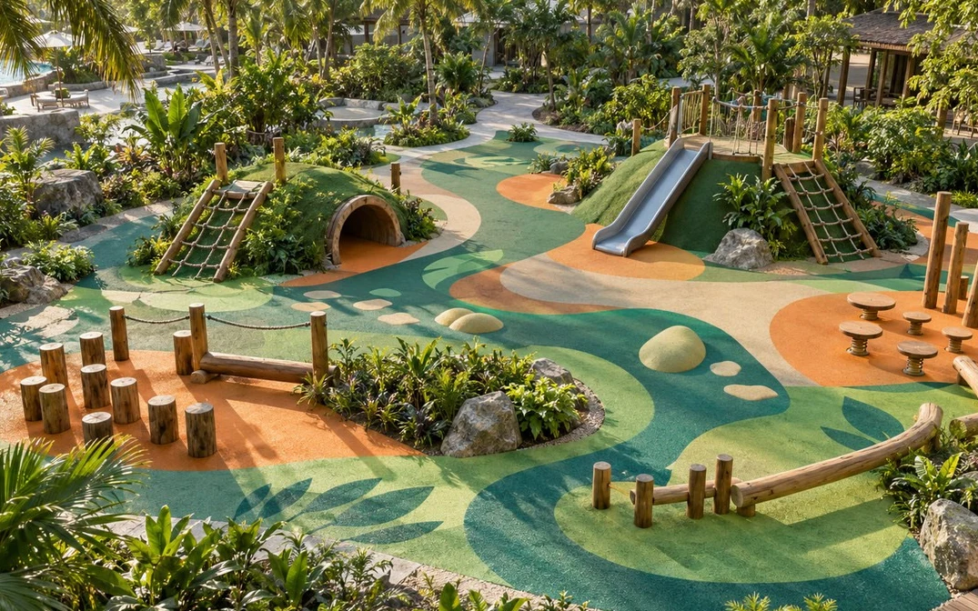 ภาพ Concept Render สนามเด็กเล่นธีมเส้นทางป่า โทนธรรมชาติ พื้นลายใบไม้ มีเนินหญ้าพร้อมอุโมงค์และตาข่ายปีน สไลเดอร์ ตอไม้ทรงตัว และแผ่นหินก้าวเดิน