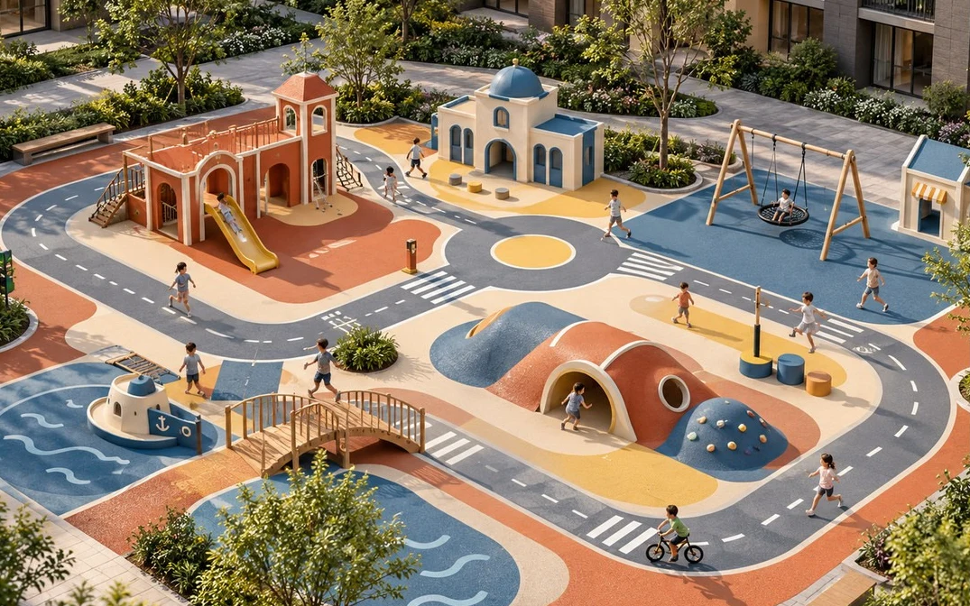 ภาพ Concept Render สนามเด็กเล่นธีมเมืองเล็ก พื้นลายถนนมีเส้นประและทางม้าลาย มีบ้านจำลองหลังคาโดมและปราสาทพร้อมสไลเดอร์ ชิงช้า สะพานไม้ และเรือจำลองบนพื้นลายคลื่น