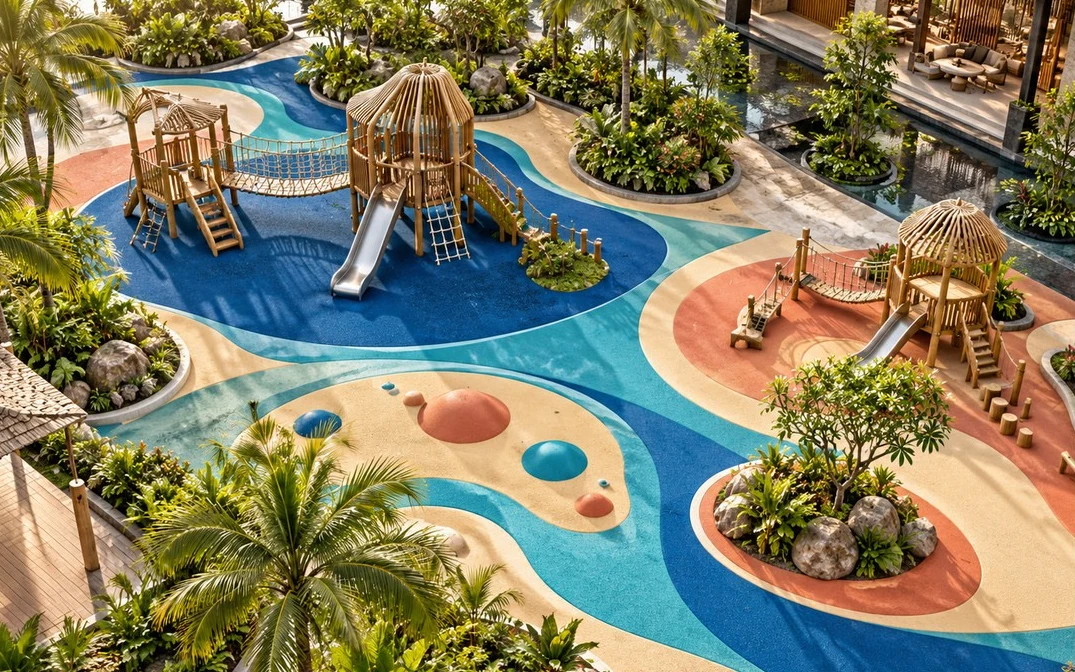 ภาพ Concept Render สนามเด็กเล่นธีมทะเล โทนทะเลและชายหาด พื้นโค้งคล้ายคลื่นสลับพื้นคล้ายเกาะ มีบ้านไม้เล่นทรงกระท่อมหลังคามุงใบ สไลเดอร์ สะพานเชือก และต้นปาล์ม