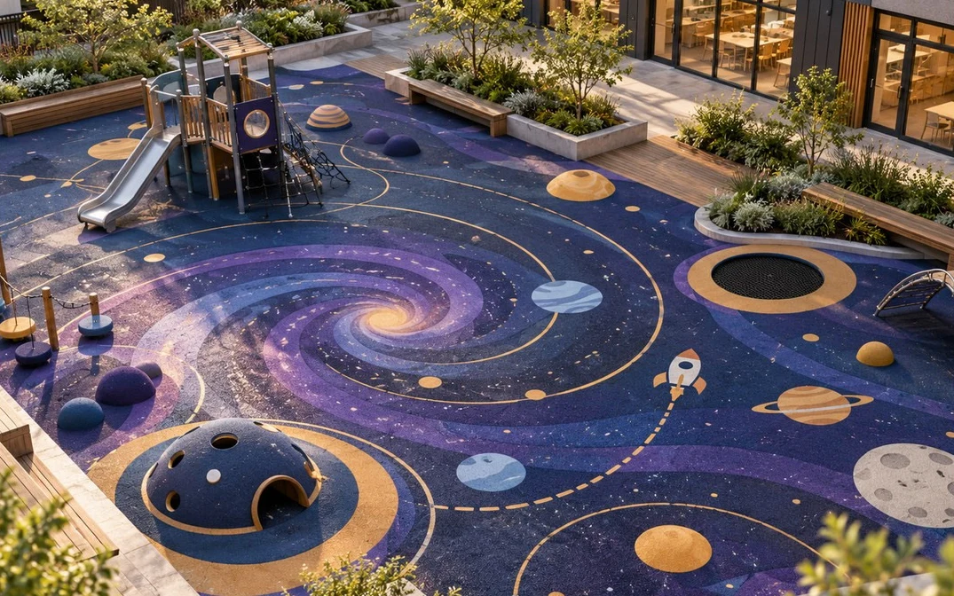 ภาพ Concept Render สนามเด็กเล่นธีมอวกาศ โทนเข้ม ลายกาแล็กซีหมุนวน มีดาวเคราะห์ จรวด และเส้นวงโคจร พร้อมโดมปีนเจาะรู สไลเดอร์ และแทรมโพลีนวงกลม